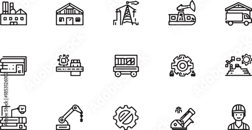 A Grid of 15 Industrial and Manufacturing Related Icons in Outline Style factory industry