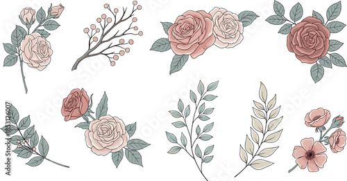 Beautiful roses and leaves floral arrangement in soft pink and peach hues on white background for decoration