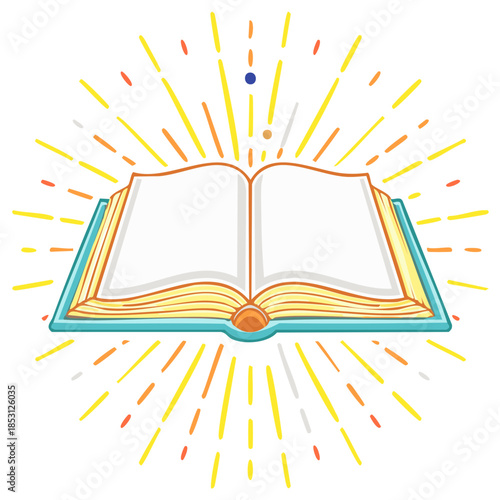 Open book with radiating lines symbolizing knowledge, wisdom, and inspiration