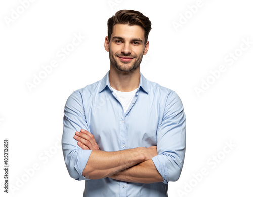 Handsome Young Man Smiling, Front View with Folded Arms, Isolated