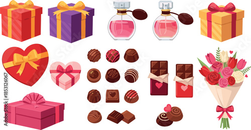 Valentine's day gifts and treats including chocolates, perfume, flowers, and wrapped presents