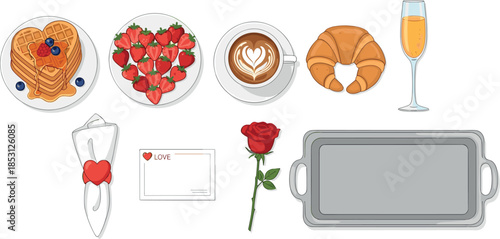 Valentine's day breakfast setup with pancakes strawberries coffee croissant and rose on white background