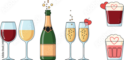 Cartoon illustration of various wine and champagne glasses with bottle and drinks for toast celebration