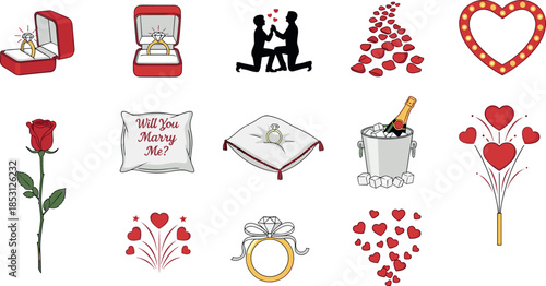 Valentine's day and wedding proposal icons with hearts roses and gifts