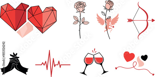Valentine's day symbols and icons including hearts, roses, wine glasses, and cupid's bow and arrow on white background
