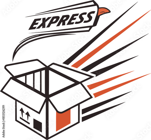 Open cardboard box with express delivery label and speed lines
