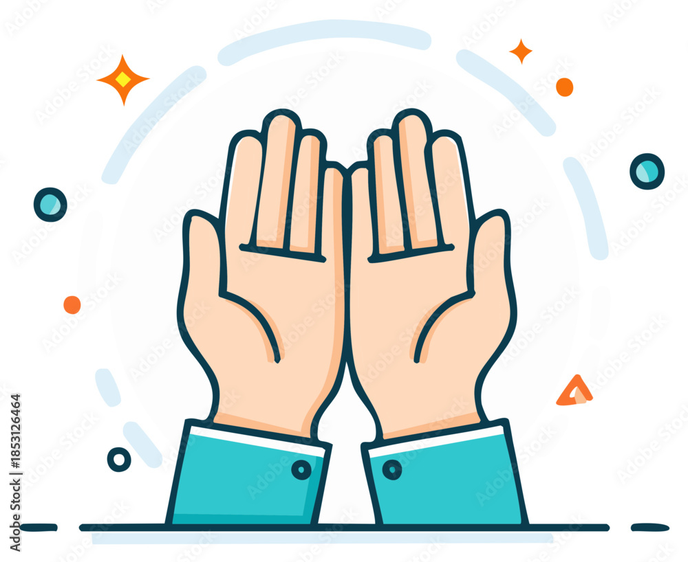 Fototapeta premium Illustration of cupped hands reaching upwards with sparkling and rounded decorative elements