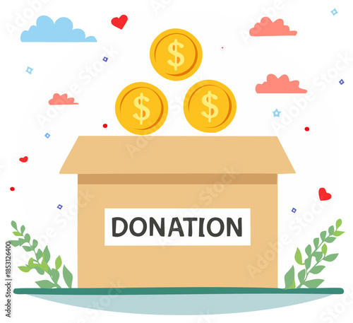Donation box illustration with coins, hearts, clouds, and decorative elements.
