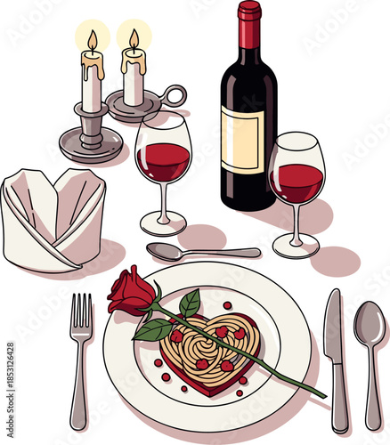 A romantic candlelit dinner setup with wine and spaghetti on a white tablecloth