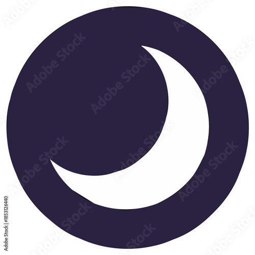 Simple dark purple circle with white crescent moon icon for night or astronomy
