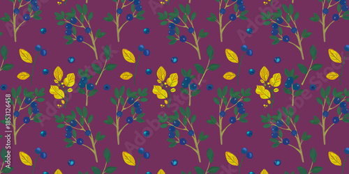 Purple foliage horizontal pattern. Green and yellow autumn leaves, berry branches. Nature botanical print wallpaper for vintage fabric and retro paper.