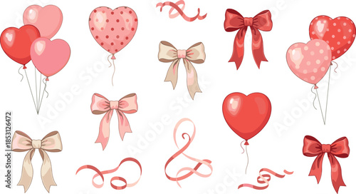 Valentine's day celebration elements, heart balloons, ribbons, bows, love symbols, festive decorations, red pink
