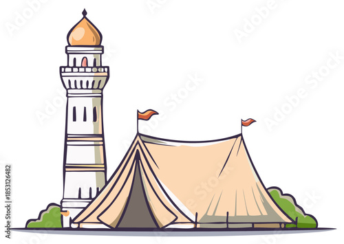 Illustrative scene featuring a minaret and a large tent with flags