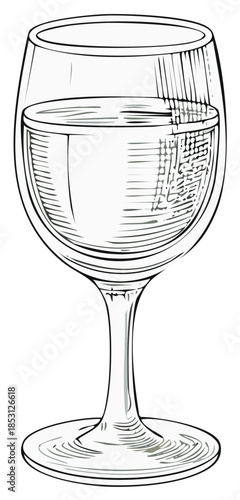 Elegant wine glass etching filled with liquid illustration of simple alcohol drink