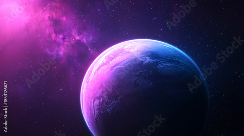 Crystalline cyan ice planet with pink bioluminescent surface in outer space exploration scene