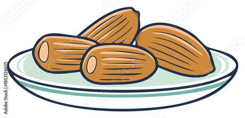 Stylized vector illustration of whole raw almonds served on a small plate as a healthy snack