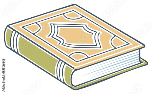 Isometric illustration of a closed hardcover book with tan cover and olive green spine