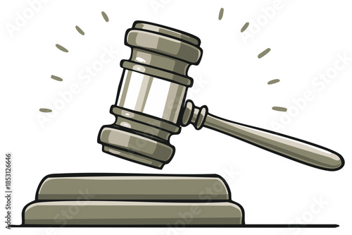 Illustration of a judge's gavel hitting a sounding block with radiating lines