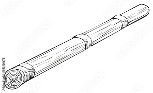 Rolled bamboo mat tied with twine, isolated on white, hand-drawn illustration