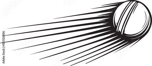 Black and white illustration of a cricket ball in motion with dynamic speed lines sport game