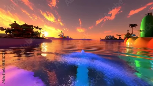  Dreamy tropical island sunset illustration with vibrant purple water reflections
