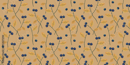 Brown horizontal foliage pattern. Yellow autumn leaves on a branch and small blue berries print for vintage fabric and retro paper.