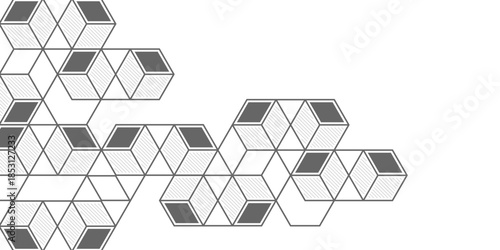 Linear geometric drawing. Abstract white background from cubes and lines. Vector illustration.