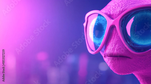 Close-up of crystalline pink alien face with cyan teardrops in futuristic setting
