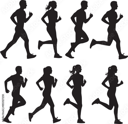 Set of running and jogging silhouettes of men and women athletes in motion