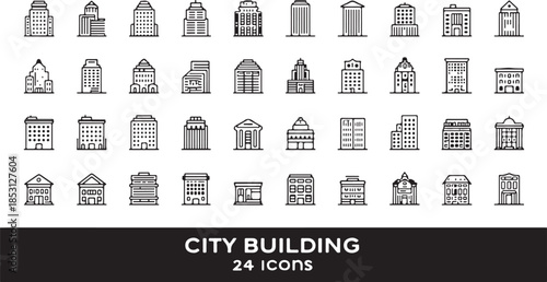 Collection of 24 outline icons representing various city buildings and architectural structures architecture