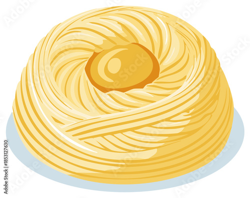 Fresh tagliatelle pasta nest with a vibrant raw egg yolk in the center food illustration