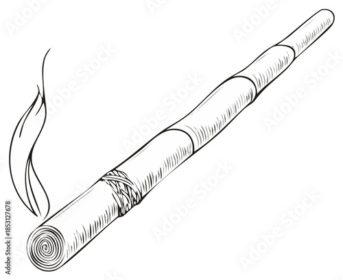 Hand Drawn Sketch of a Burning Hand Rolled Cigarette with Smoke