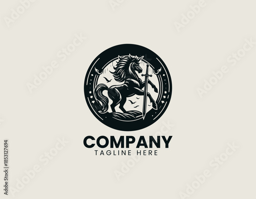 Centaur warrior character is depicted as a powerful mythic guardian symbol in a bold black vector logo illustration