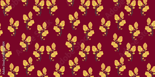 Brown horizontal foliage pattern. Yellow autumn leaves on a branch print wallpaper for vintage fabric and retro paper.