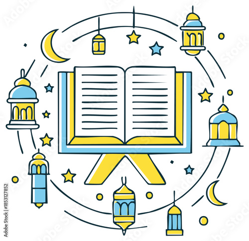 Islamic holy book open on rehal stand with decorative lanterns crescent moon and stars line art