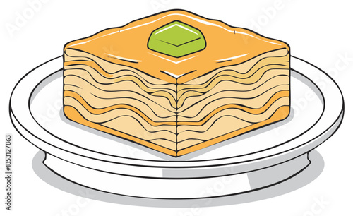 Layered pastry with syrup and green nut on a white plate illustration