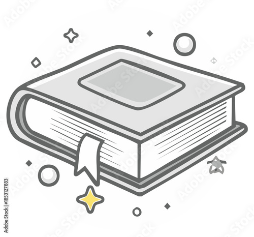 Magic book icon with bookmark and sparkles in flat grayscale outline style