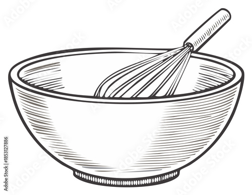 Classic kitchen mixing bowl with whisk in hand drawn engraved style for baking food preparation
