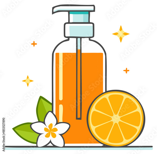 Illustration of a pump bottle filled with orange liquid, with orange slice, flower, and leaves.