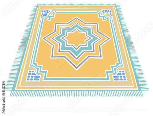 Islamic Prayer Rug with Star Pattern and Tassels, Festive Yellow and Blue Design