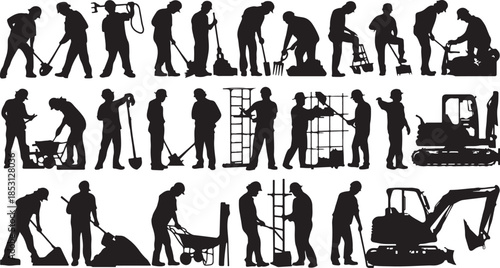 Construction workers and heavy machinery silhouettes in diverse poses and actions Keywords: construction, worker, silhouette, excavator, bulldozer, digging, shovel, wheelbarrow, hard hat, safety