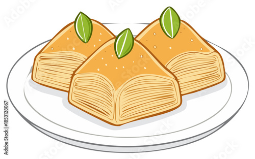 Sweet golden layered pastries garnished with green leaves on a serving plate