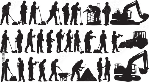 Construction workers and heavy machinery silhouettes in various poses and activities Keywords: construction, worker, silhouette, excavator, bulldozer, digging, shovel, wheelbarrow, hard hat