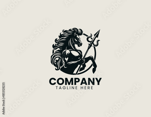 Centaur warrior character is depicted as a powerful mythic guardian symbol in a bold black vector logo illustration
