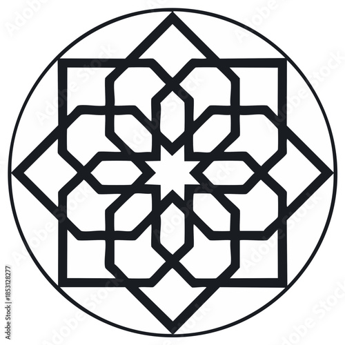 Geometric Islamic Art: Intricate Black Pattern within Circle Border; Middle Eastern Design Elements and Islamic Symbolism