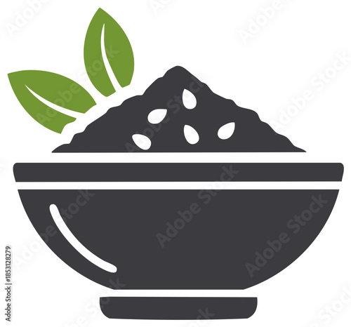 Bowl of black sesame seeds with green leaves icon, healthy ingredient