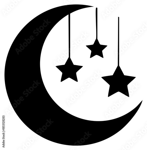 Black silhouette of a crescent moon with three hanging stars graphic icon