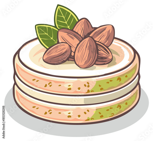 Vector illustration of a delicious two-layer almond cake with cream and pistachio filling