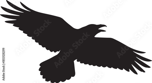 black silhouette of raven flying on white background, vector