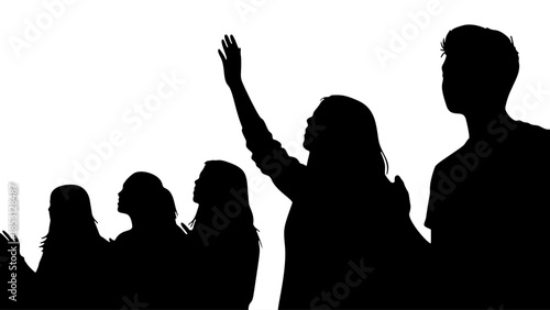 Young people worshiping silhouettes with raised hand black vector illustration
